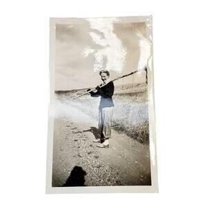 Vtg Cute Lady Posing in Road Original Monochrome Photography Found Snapshot